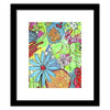 Framed abstract floral art print with a black frame and white mat. The artwork features a vibrant, multicolored abstract design with blue daisies, pink flowers, orange swirls, and green, yellow, and red background textures.