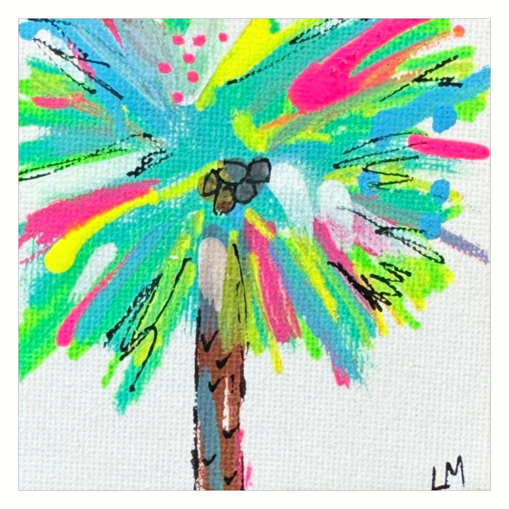 Colorful palm tree painting with bright colors on a white background