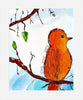 art print with orange bird on a branch and text saying 'sing your song'
