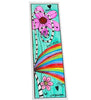 Laminated bookmark featuring a colorful hand-drawn design with pink flowers, a rainbow, black hearts, and the words 'hope', 'believe', and 'love' on a turquoise background. Signed by artist in lower right 