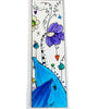 A laminated bookmark featuring a whimsical hand-drawn illustration with a large purple flower, blue landscape shapes, small hearts, and abstract swirls on a white background.