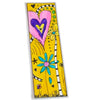 A colorful bookmark featuring a whimsical hand-drawn design with a pink and purple heart, blue flower, yellow background, and small doodled hearts and stars.