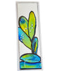 abstract art bookmark which is laminated in colors of blue, yellow and green with artist initials 'LM' at bottom right