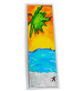 beach scene painted on a laminated bookmark with a sunset sky and a palm tree, Initials for the artist 'LM' on lower corner and 'I heart the beach' text in the sand next to a starfish