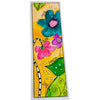 A laminated bookmark featuring original painting of colorful flowers, leaves, and decorative text including 'love', 'hope', 'peace', and 'joy' on a yellow background, shown against a plain white backdrop.