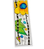 A rectangular bookmark featuring a colorful hand-drawn design of a yellow flower with a blue center, green  leaves and small blue and yellow hearts, shown on a plain white background.