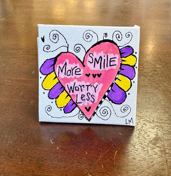 "Smile more Worry less" heart artwork on 3x3 canvas magnet