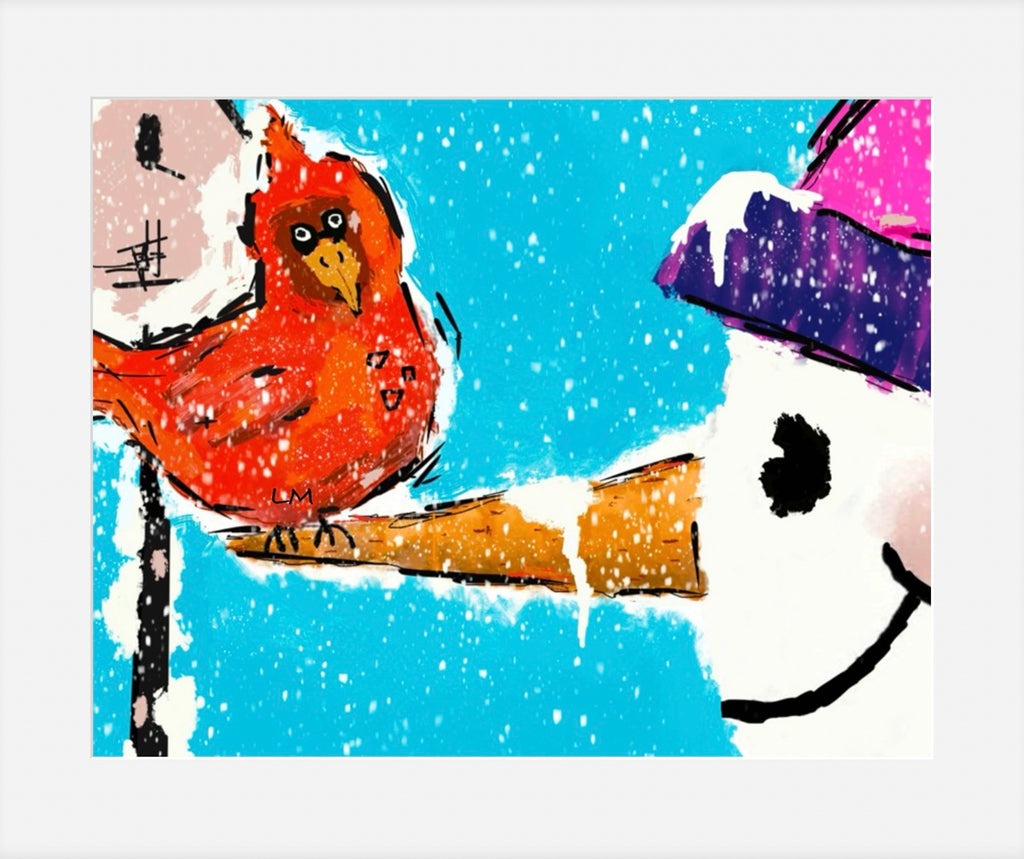 Red bird on a the nose of a whimsical snowman