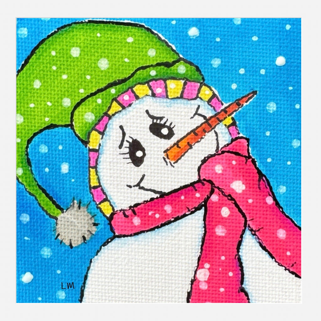 Colorful snowman with a carrot nose on a blue snowy background