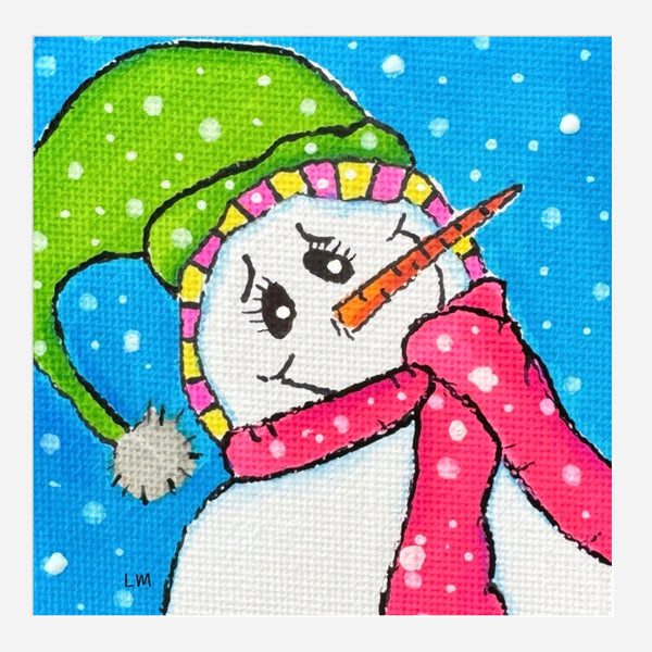 Colorful snowman with a carrot nose on a blue snowy background