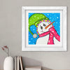 Framed picture of a snowman on a wall with decor items below.