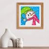 Framed artwork of a colorful snowman on a white wall with two white vases below.