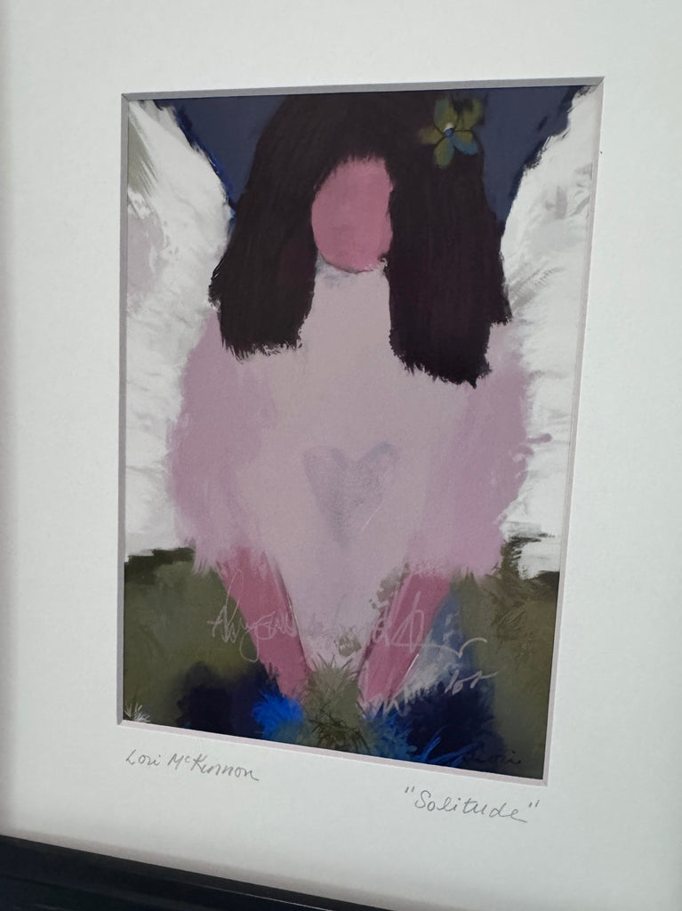 signed angel art print by Lori McKinnon, artist. Includes a white mat in a black frame