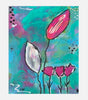 Abstract artwork with pink flowers on a colorful background