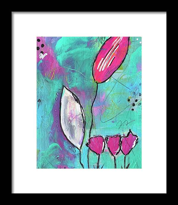 Abstract artwork with pink flowers and colorful background