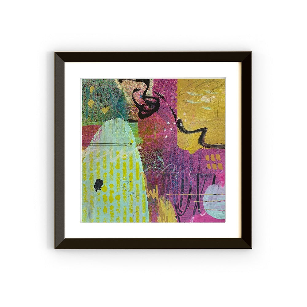 Framed abstract artwork with colorful design on a white background