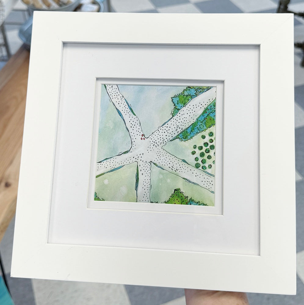 Framed artwork of a starfish with green and blue colors.