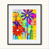 Framed colorful floral artwork on a white background