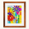 Framed colorful floral artwork with a wooden frame on a white background