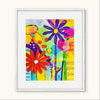 Colorful floral artwork in a white frame on a white background