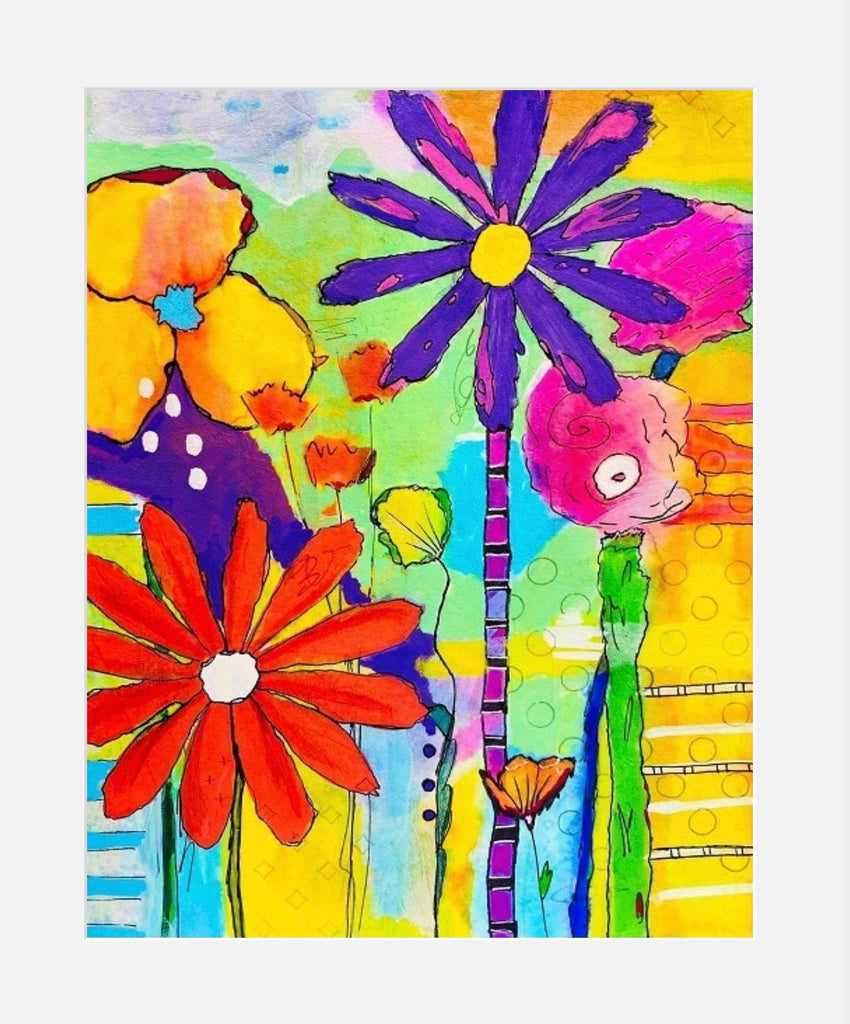 Colorful abstract painting of flowers and shapes