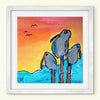 colorful whimsical bird artwork with a white border in a distressed white frame