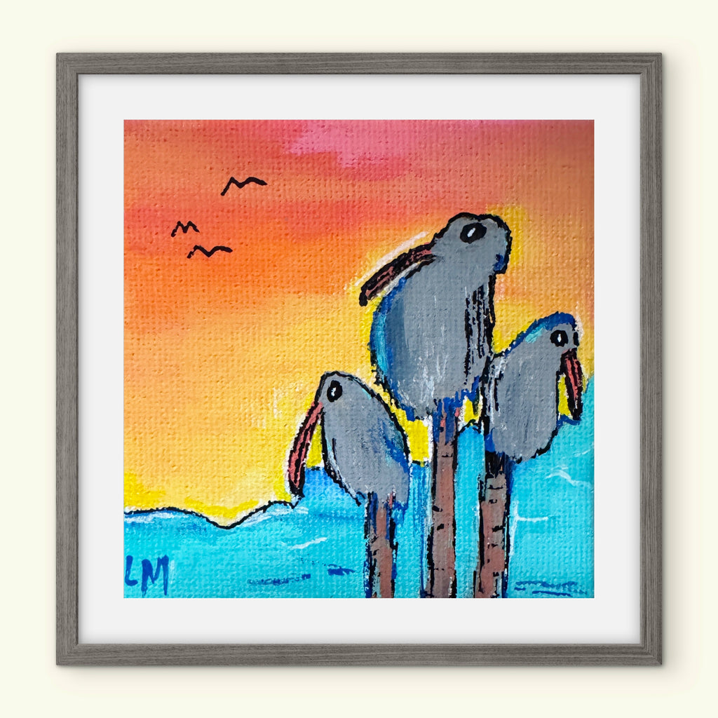 colorful whimsical bird artwork with a white border and gray frame