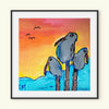 colorful whimsical bird artwork with a white border and a black frame
