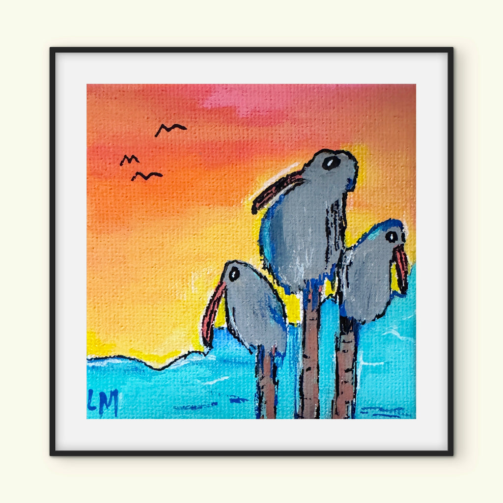 colorful whimsical bird artwork with a white border and a black frame
