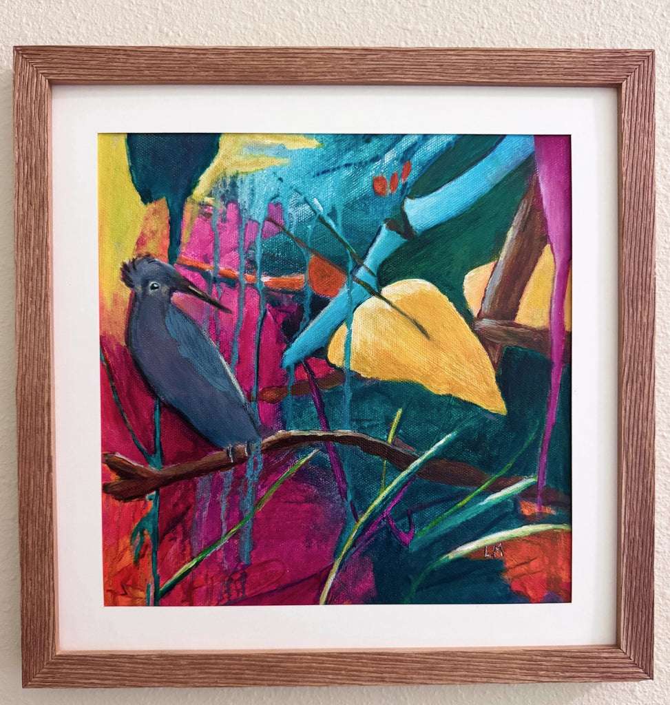 colorful acrylic painting with tropical leaves, branches and a bird in a brown frame with a white mat