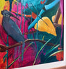 an acrylic painting close up featuring a bird sitting on a branch surrounded by tropical leaves