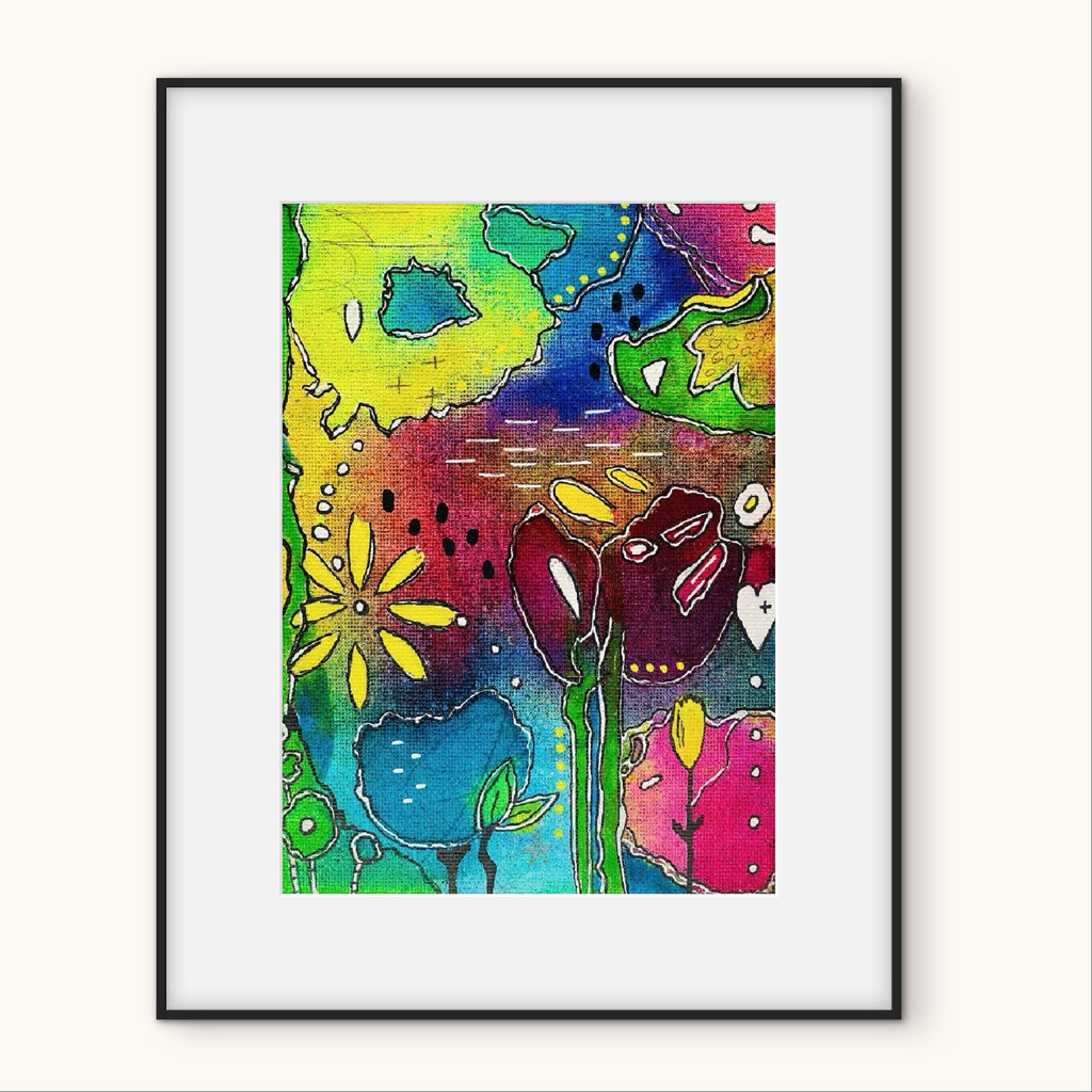 Colorful abstract floral artwork in a black frame on a white background