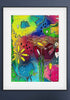 Framed colorful abstract artwork with flowers on a dark background
