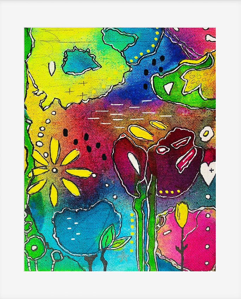 Colorful abstract painting with flowers and shapes