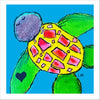 Colorful illustration of a turtle with a patterned shell on a blue background