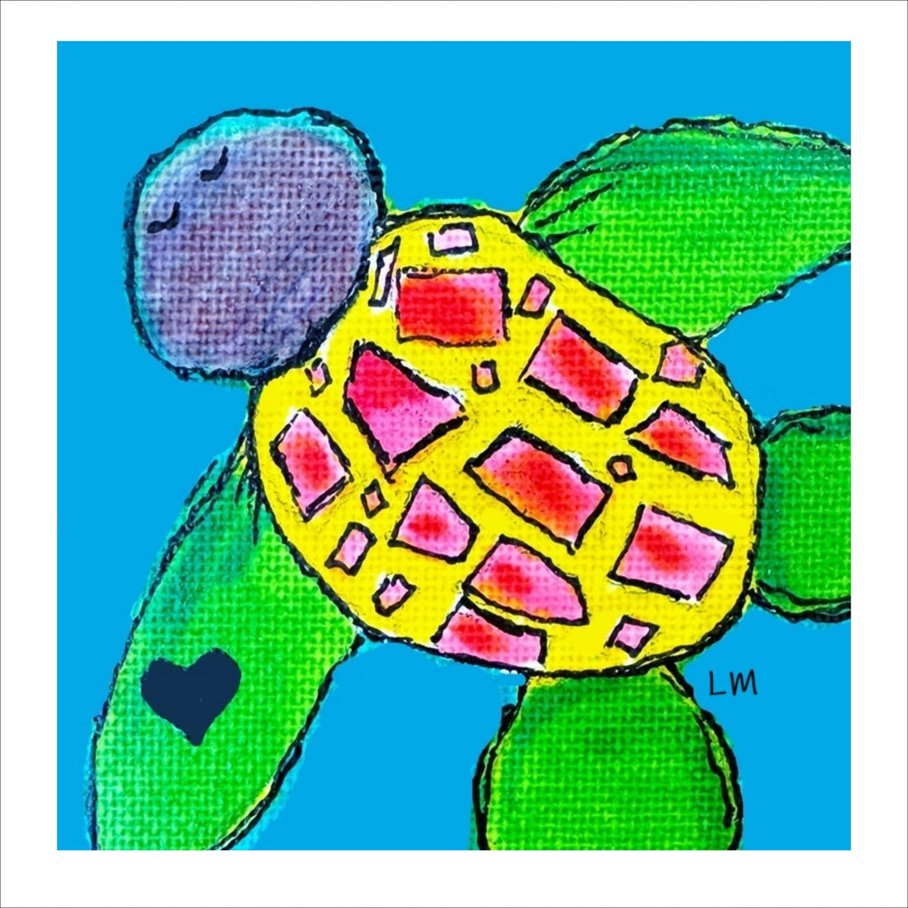 Colorful illustration of a turtle with a patterned shell on a blue background