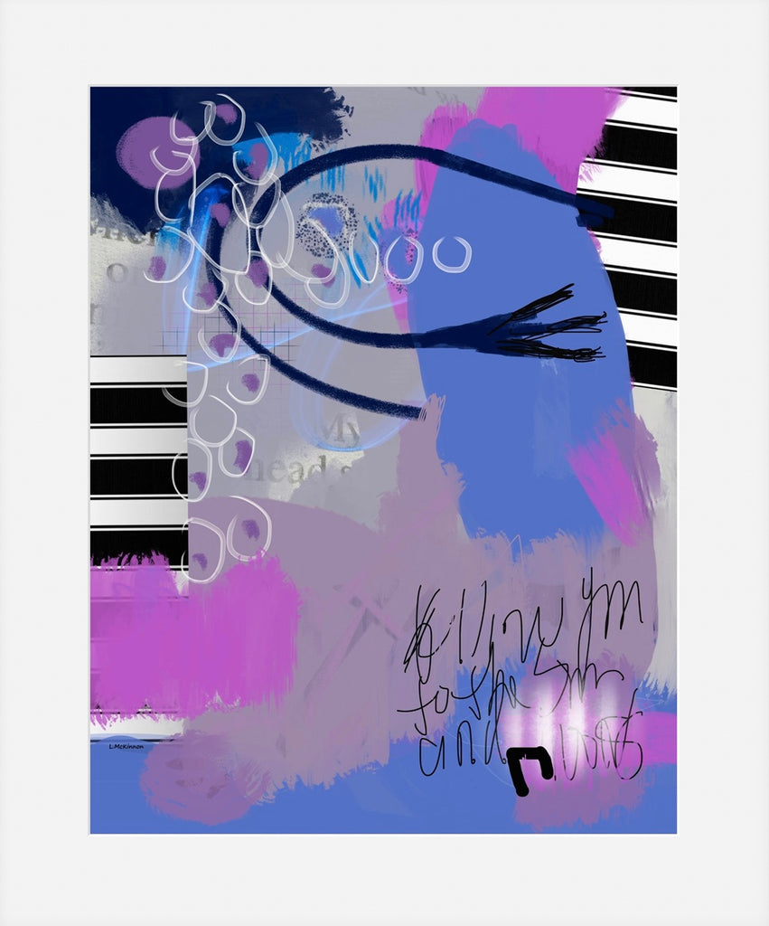 Abstract art with blue, purple, and black colors on a white background