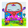 Colorful VW van with peace sign , hearts, and flowers on a white background