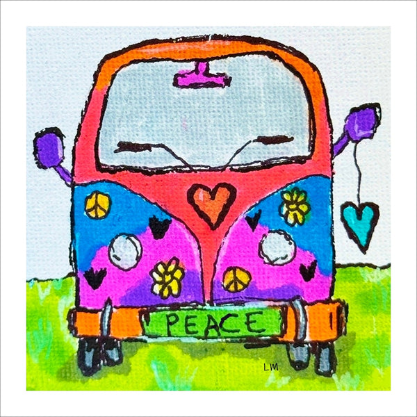 Colorful VW van with peace sign , hearts, and flowers on a white background