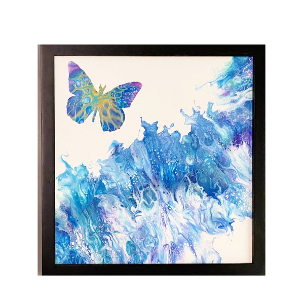 blue abstract butterfly painting in black gallery frame