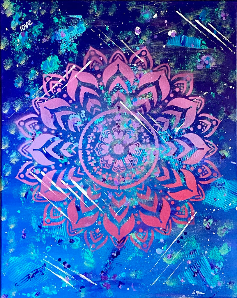 abstract painting in pink, blue and white