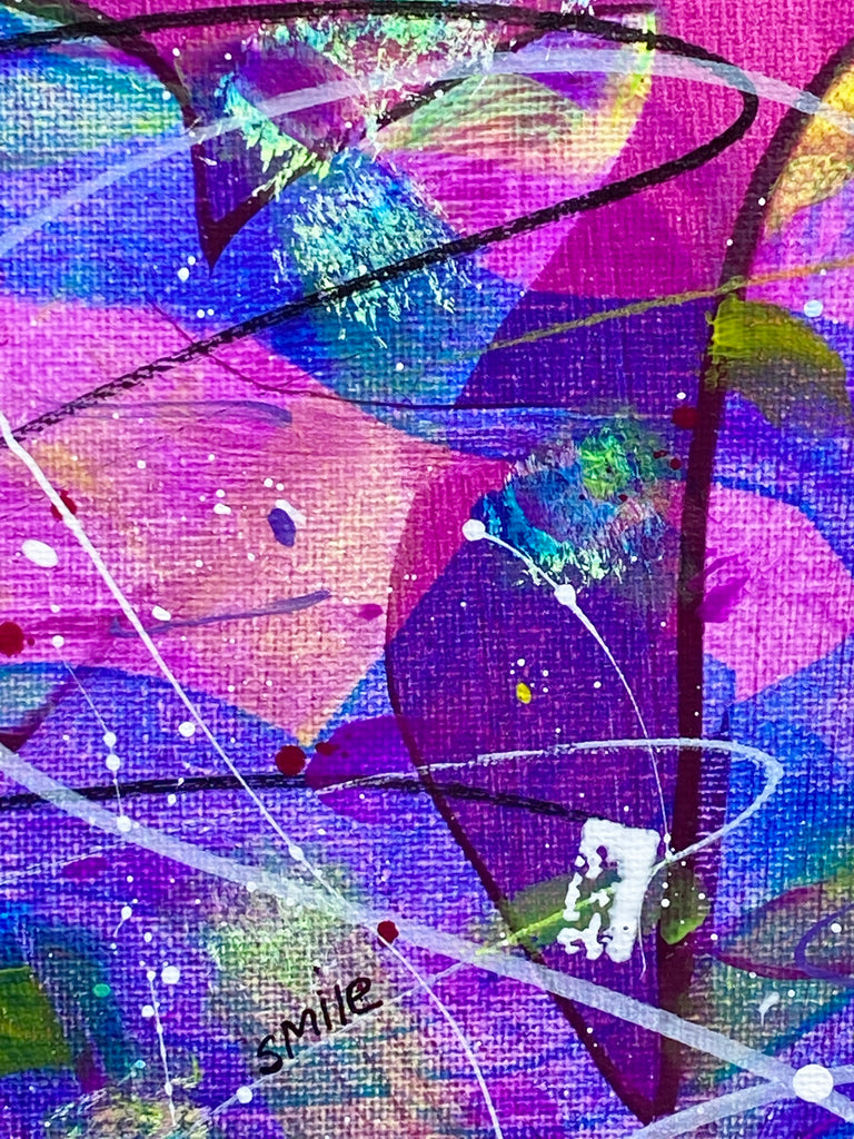 Dance Party is a vibrant 16x20 abstract painting done in acrylics. This original painting by artist Lori McKinnon of Pizazz Studios is signed on lower right front and the sides are painted white