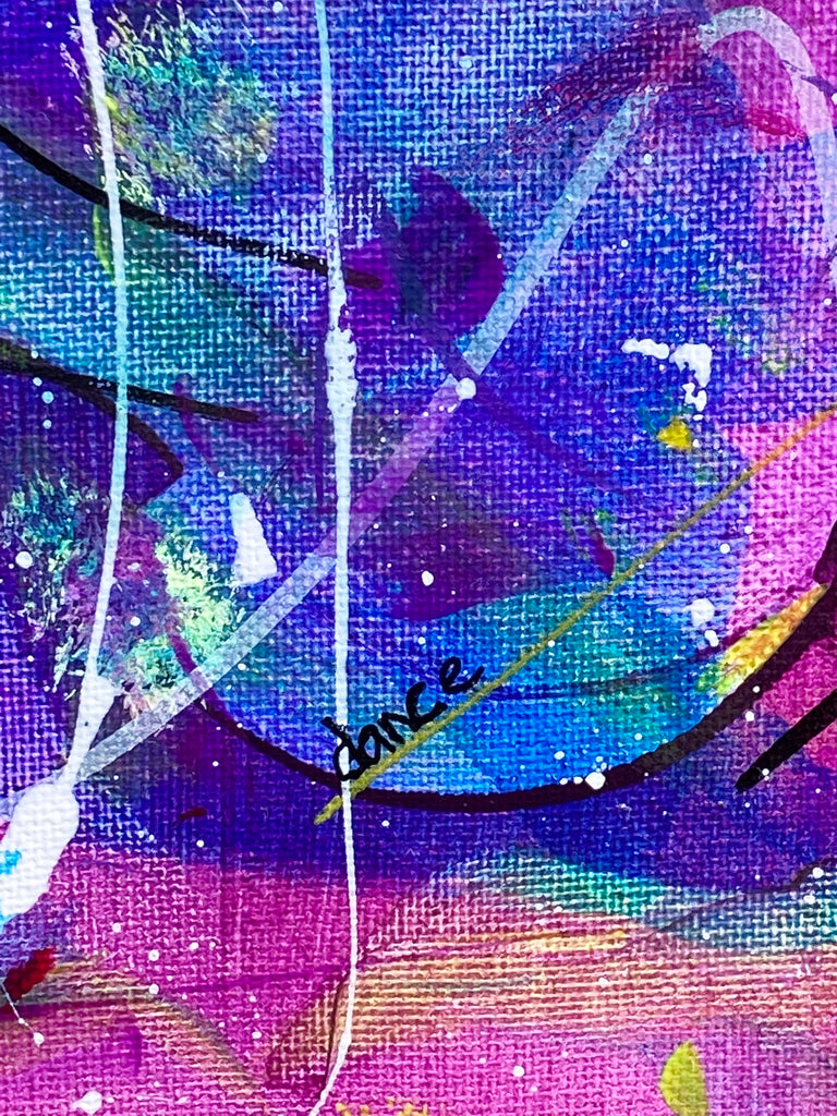 Dance Party is a vibrant 16x20 abstract painting done in acrylics. This original painting by artist Lori McKinnon of Pizazz Studios is signed on lower right front and the sides are painted white