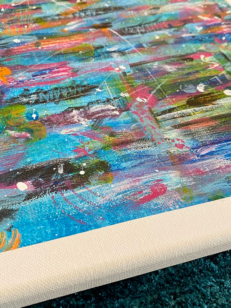 Original signed 16x20 abstract painting by artist Lori McKinnon from Pizazz Studios. Titled Candy Land and done in acrylics with white sides and front edges