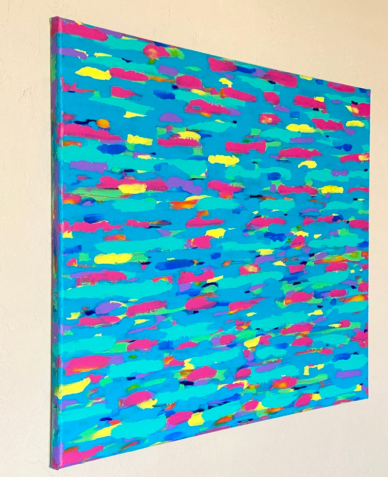 Bliss is a large 24x30 inch abstract painting on canvas. This original artwork was done in acrylics by Lori from Pizazz Studios. Colorful texture that will surely brighten up any space. Signed on the back so it may hang in any direction