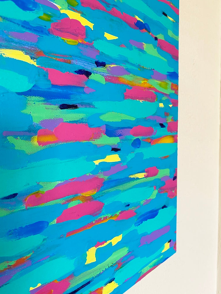 Bliss is a large 24x30 inch abstract painting on canvas. This original artwork was done in acrylics by Lori from Pizazz Studios. Colorful texture that will surely brighten up any space. Signed on the back so it may hang in any direction